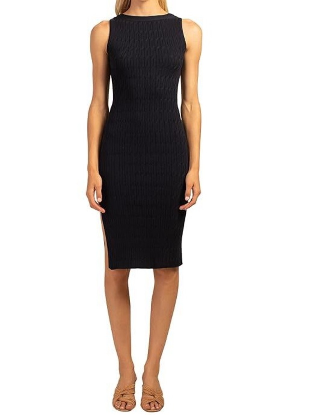 Trina Turk Luxy Sheath Dress Large Navy Blue Textured Knit Sleeveless Boat Neck